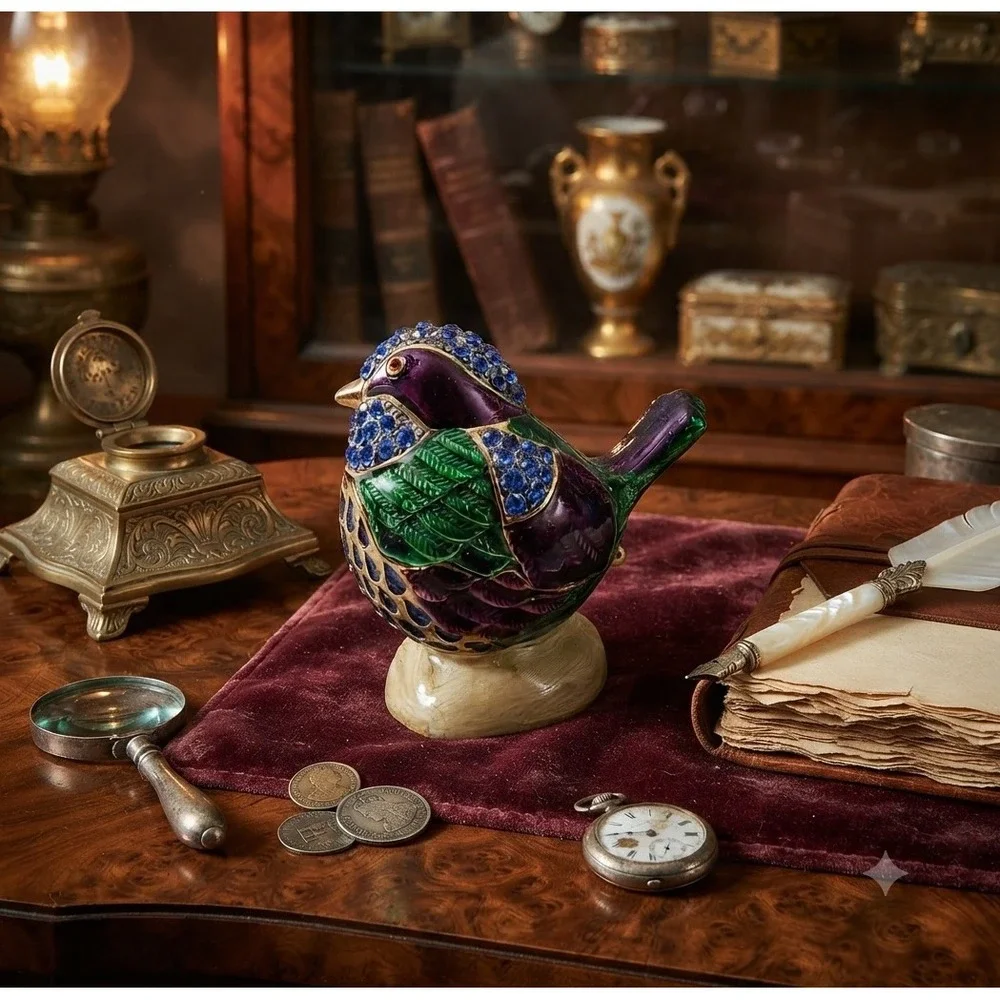 Enamel Bird Trinket Box Jeweled Rhinestone Hinged Collectible Purple Green Gold